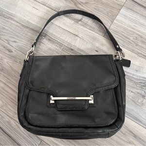 Coach Black Leather Shoulder Bag with Silver Bar Hardware | Classic Flap Purse